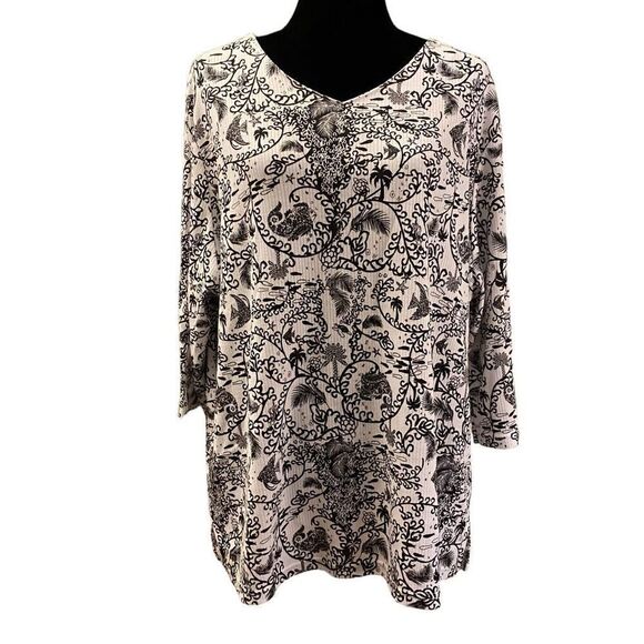 Palm Grove Black and White Fish Palm Trees Beach Top Sz 3X - Picture 1 of 13